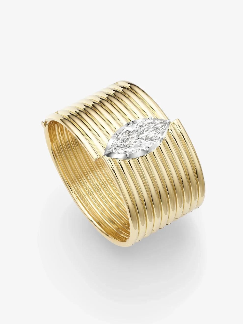 Marquise Cut Diamond Multi-Row Ribbed Cuff Bracelet, Yellow Gold Wide Grooved Bangle, Modern Statement Marquise Diamond Bracelet