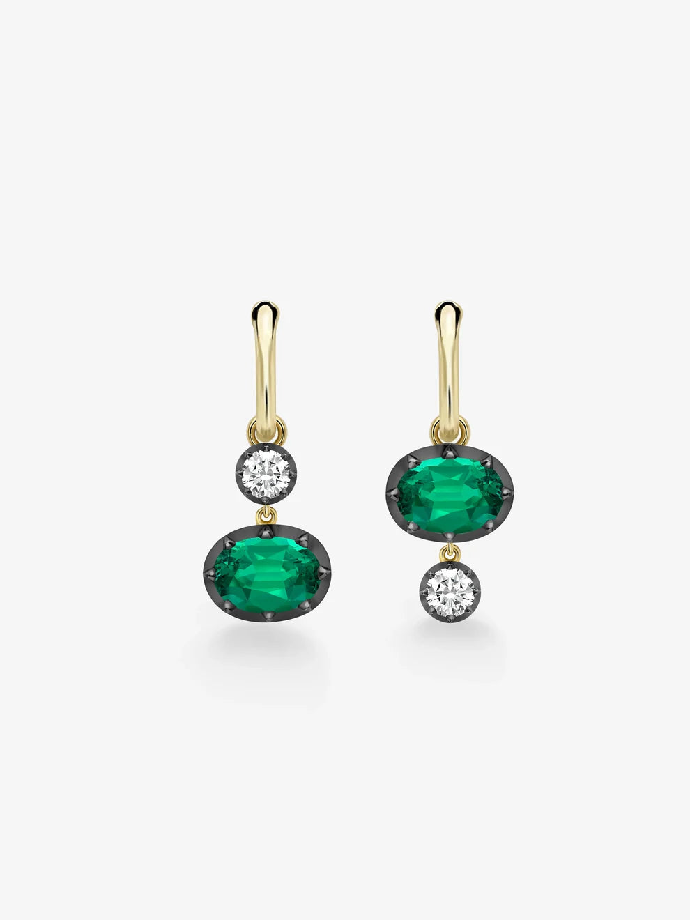 Oval Emerald and Diamond Black Enamel Mismatched Charm Hoop Earrings