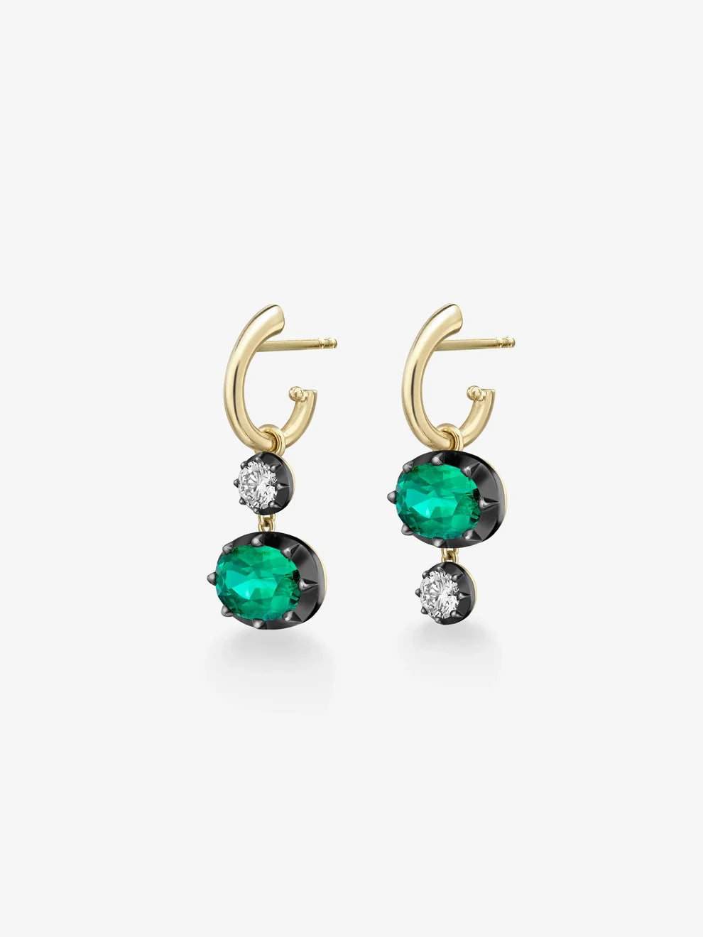 Oval Emerald and Diamond Black Enamel Mismatched Charm Hoop Earrings