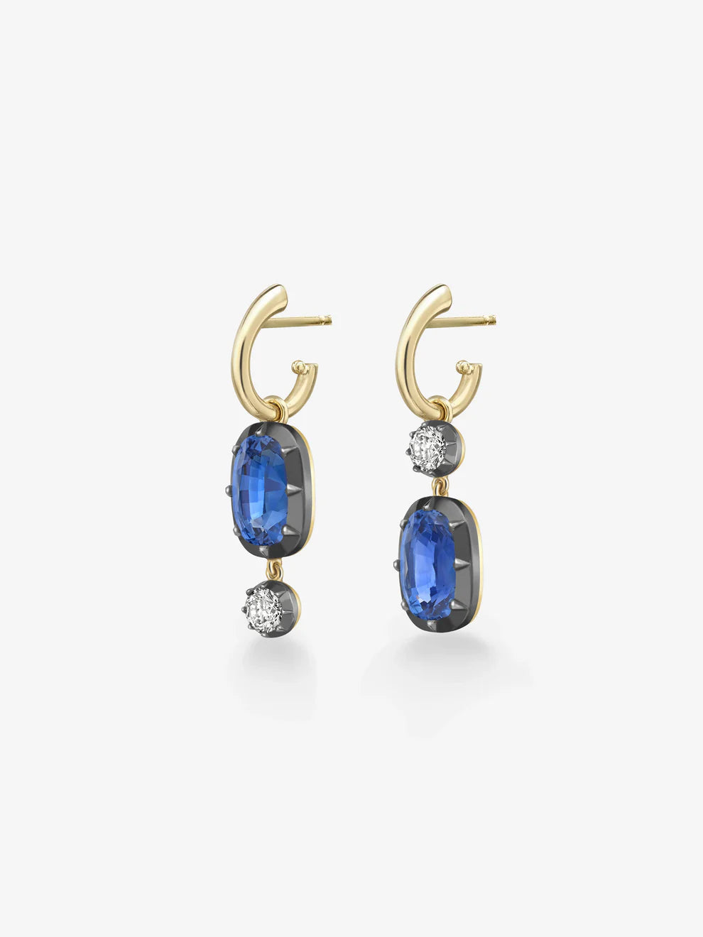 Asymmetric Blue Sapphire and Diamond Drop Huggie Earrings
