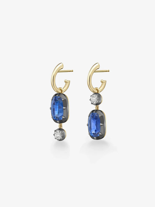 Asymmetric Blue Sapphire and Diamond Drop Huggie Earrings
