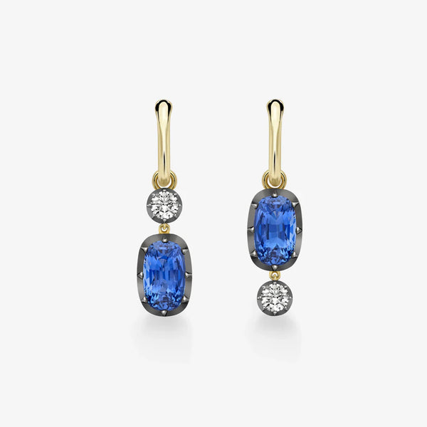 Asymmetric Blue Sapphire and Diamond Drop Huggie Earrings