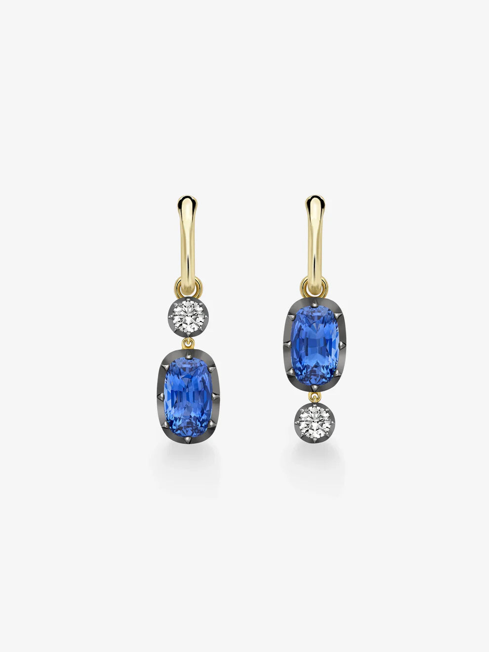 Asymmetric Blue Sapphire and Diamond Drop Huggie Earrings