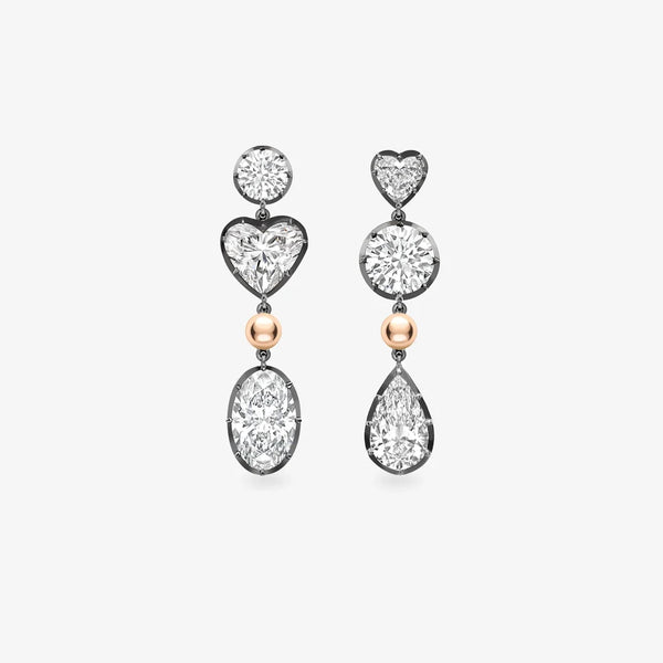 Asymmetrical Multi-Shape Diamond Drop Earrings, Blackened Rhodium and Rose Gold Mismatched Statement Dangle Earrings