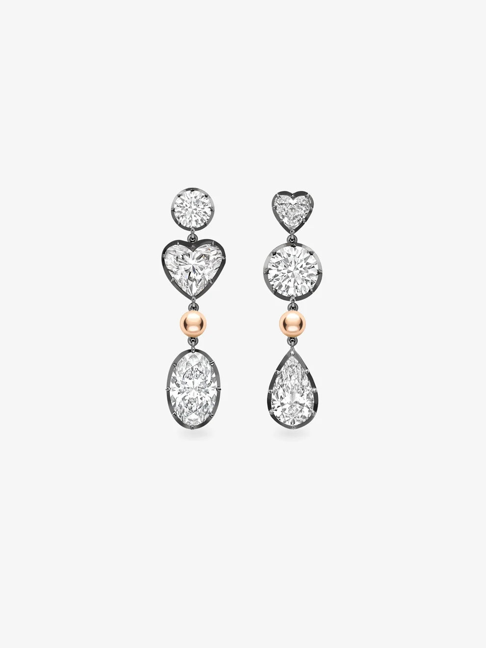 Asymmetrical Multi-Shape Diamond Drop Earrings, Blackened Rhodium and Rose Gold Mismatched Statement Dangle Earrings