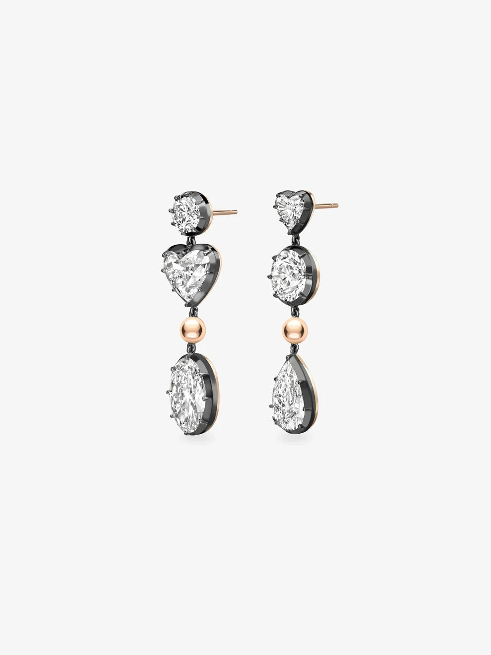 Asymmetrical Multi-Shape Diamond Drop Earrings, Blackened Rhodium and Rose Gold Mismatched Statement Dangle Earrings