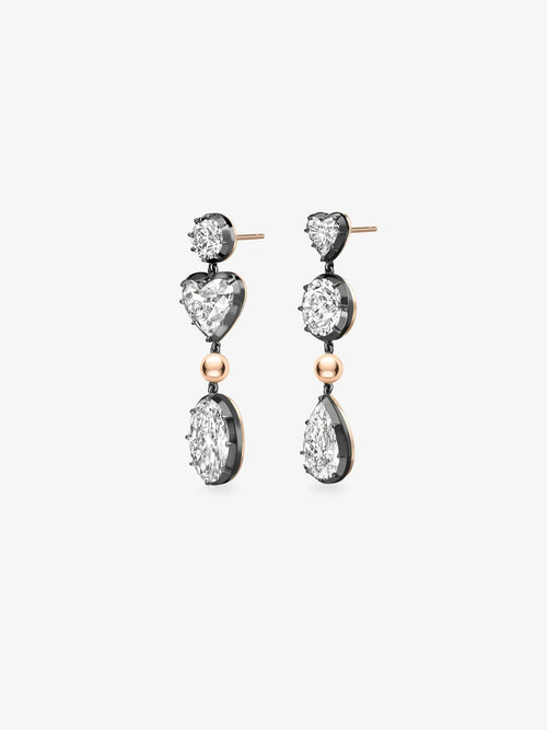 Asymmetrical Multi-Shape Diamond Drop Earrings, Blackened Rhodium and Rose Gold Mismatched Statement Dangle Earrings