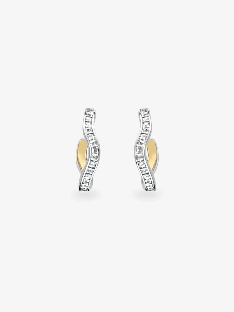Curved Wave Baguette Diamond Hoop Earrings, Two-Tone Gold Twisted Open Hoops