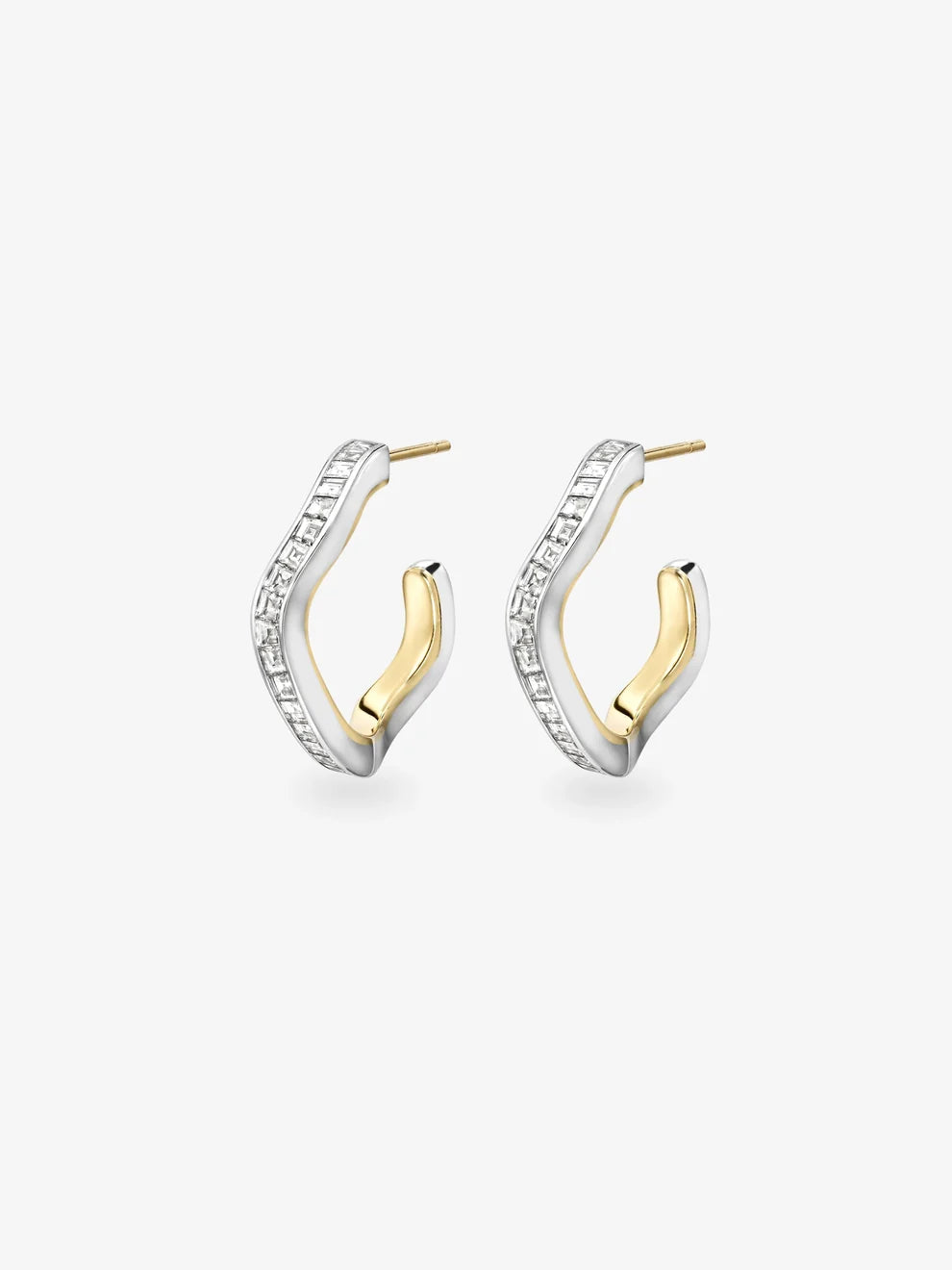 Curved Wave Baguette Diamond Hoop Earrings, Two-Tone Gold Twisted Open Hoops