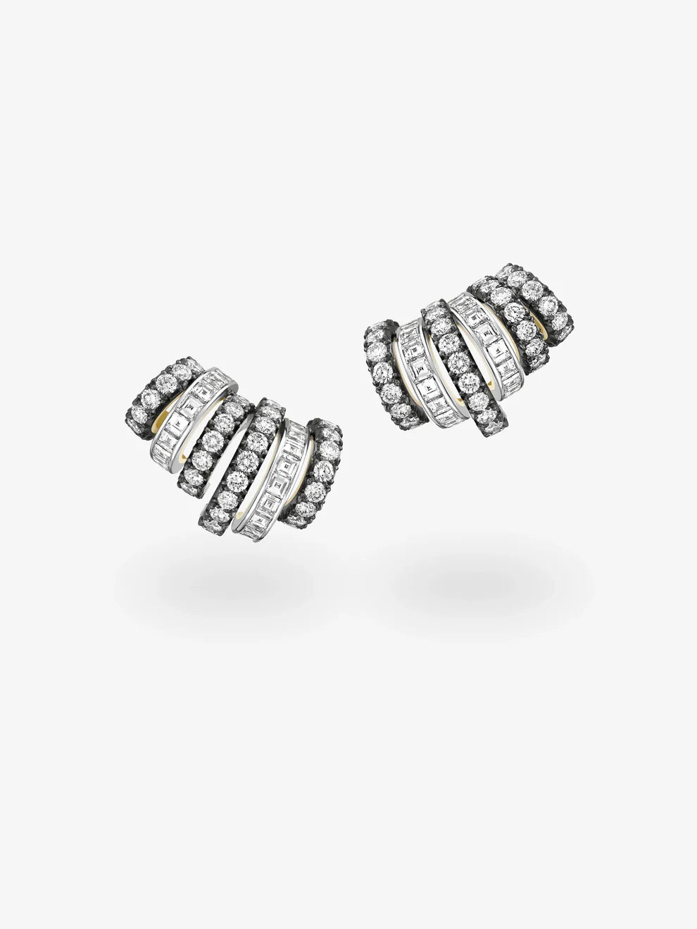Multi-Row Diamond Swirl Hoop Earrings, Black Rhodium and White Gold Spiral Earrings