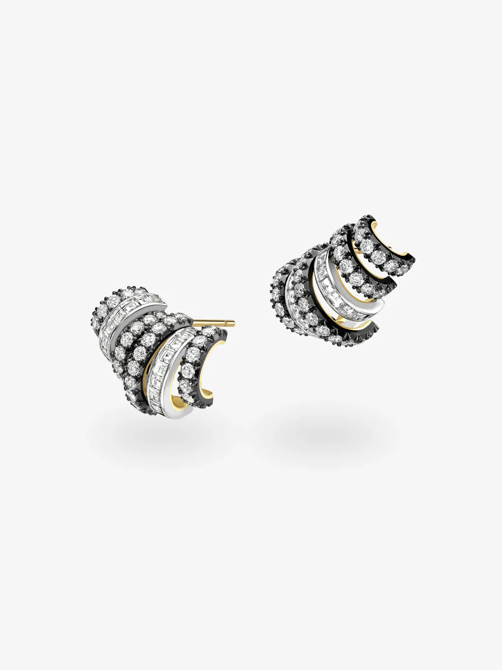 Multi-Row Diamond Swirl Hoop Earrings, Black Rhodium and White Gold Spiral Earrings