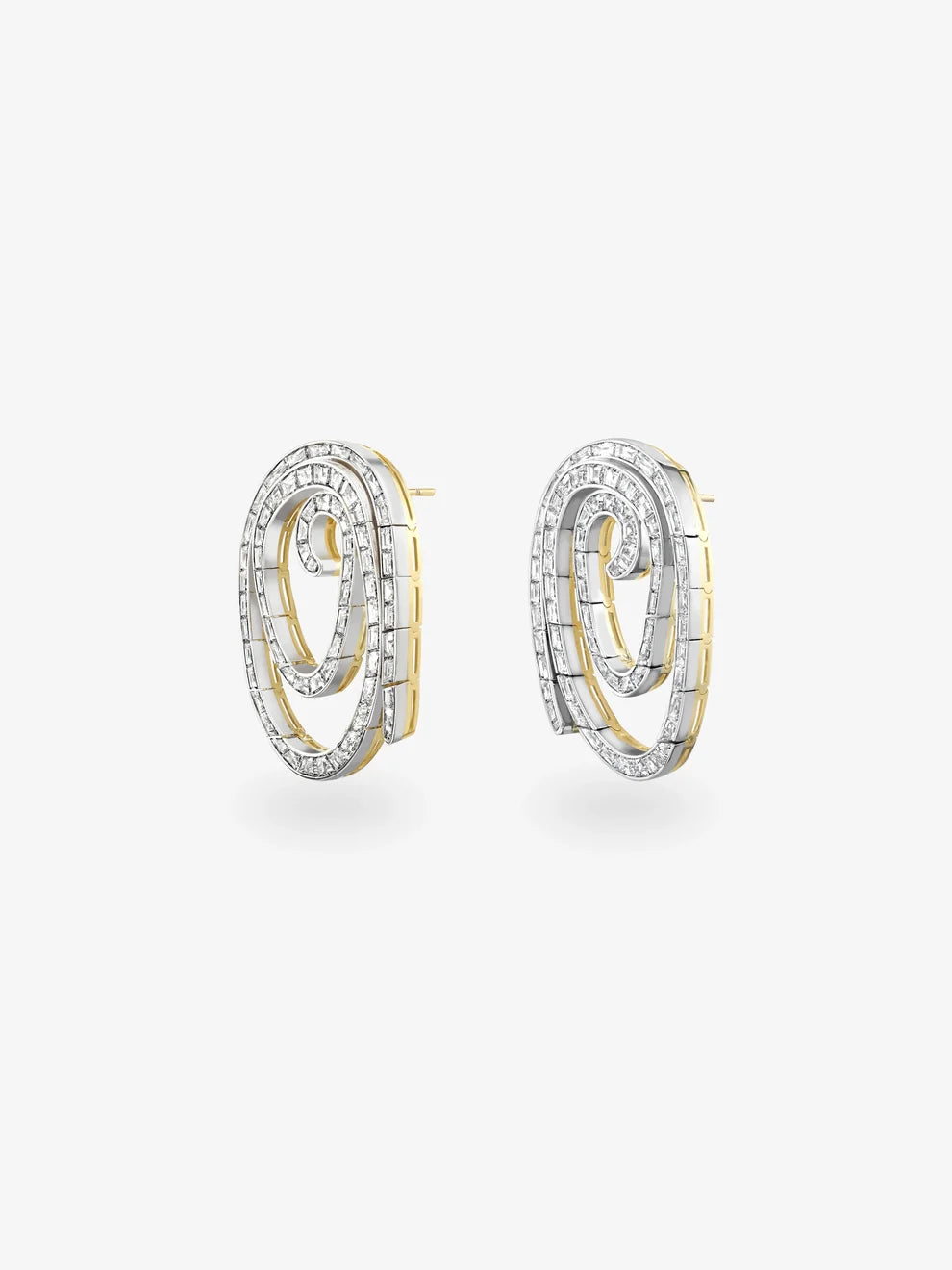 Diamond Spiral Motif Earrings, Two-Tone Gold Swirl Diamond Earrings
