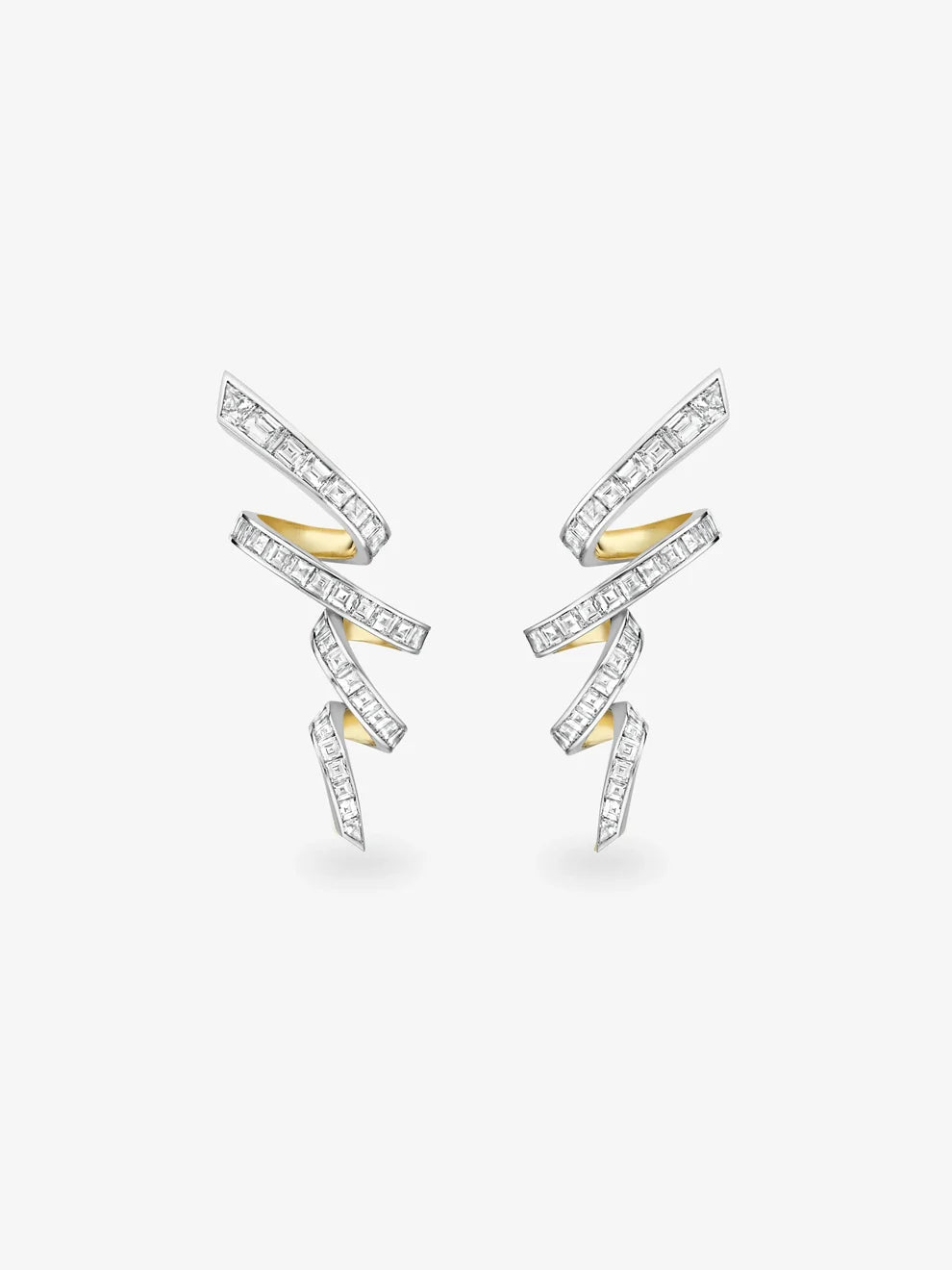 Baguette Cut Diamond Swirl Ribbon Earrings, Two-Tone Gold Spiral Drop Earrings