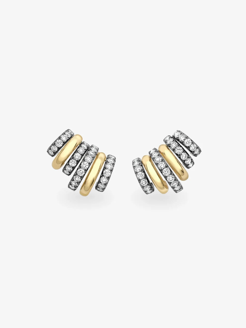 Multi-Row Pavé Diamond and Polished Gold Curved Huggie Earrings