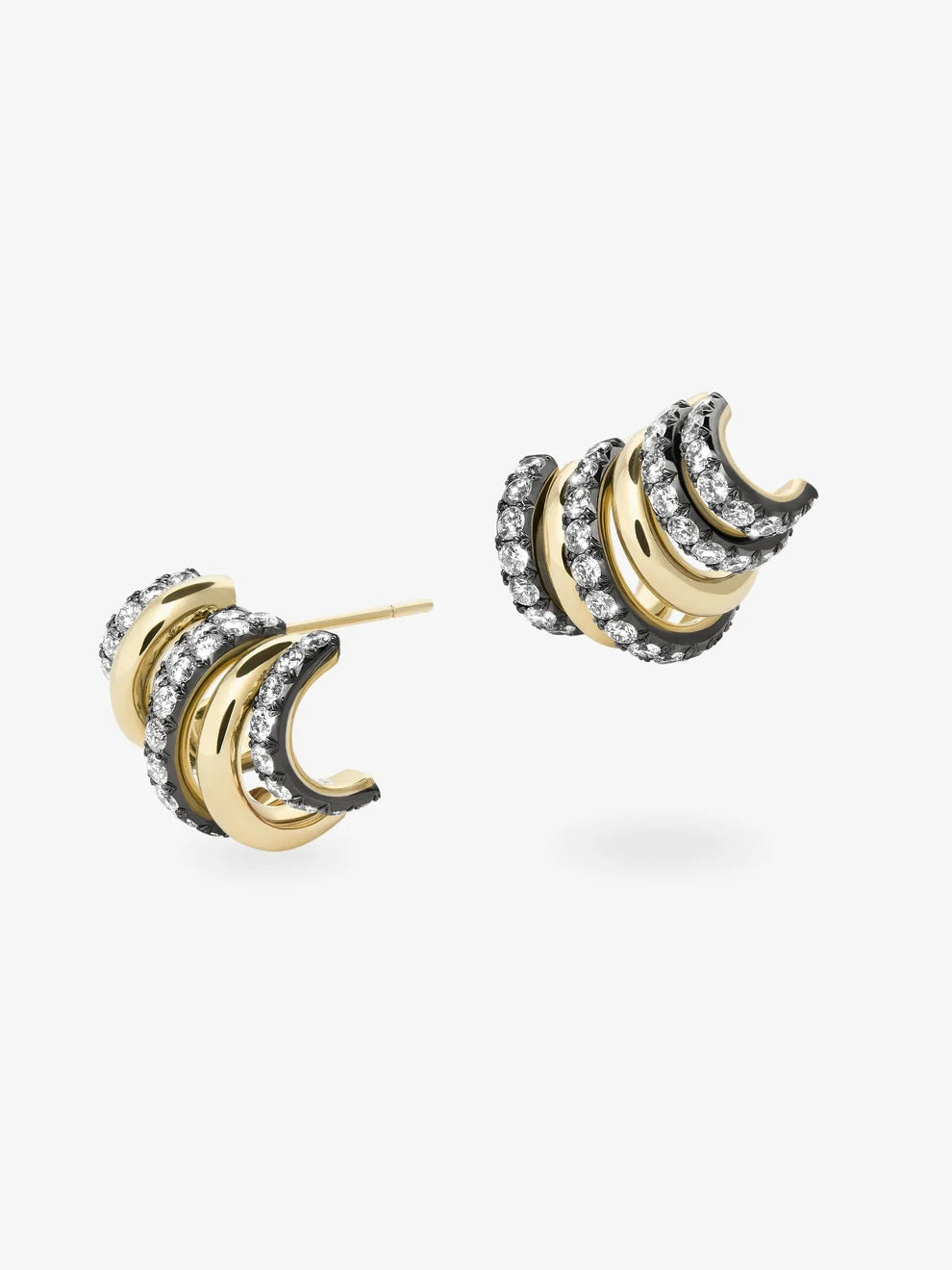 Multi-Row Pavé Diamond and Polished Gold Curved Huggie Earrings