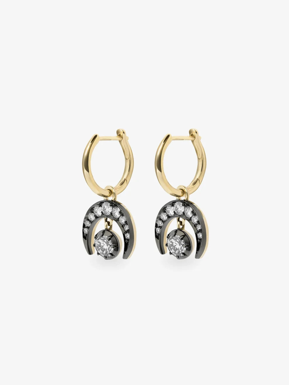 Crescent Moon Diamond Dangle Huggie Earrings, Blackened & Gold Celestial Hoop Earrings