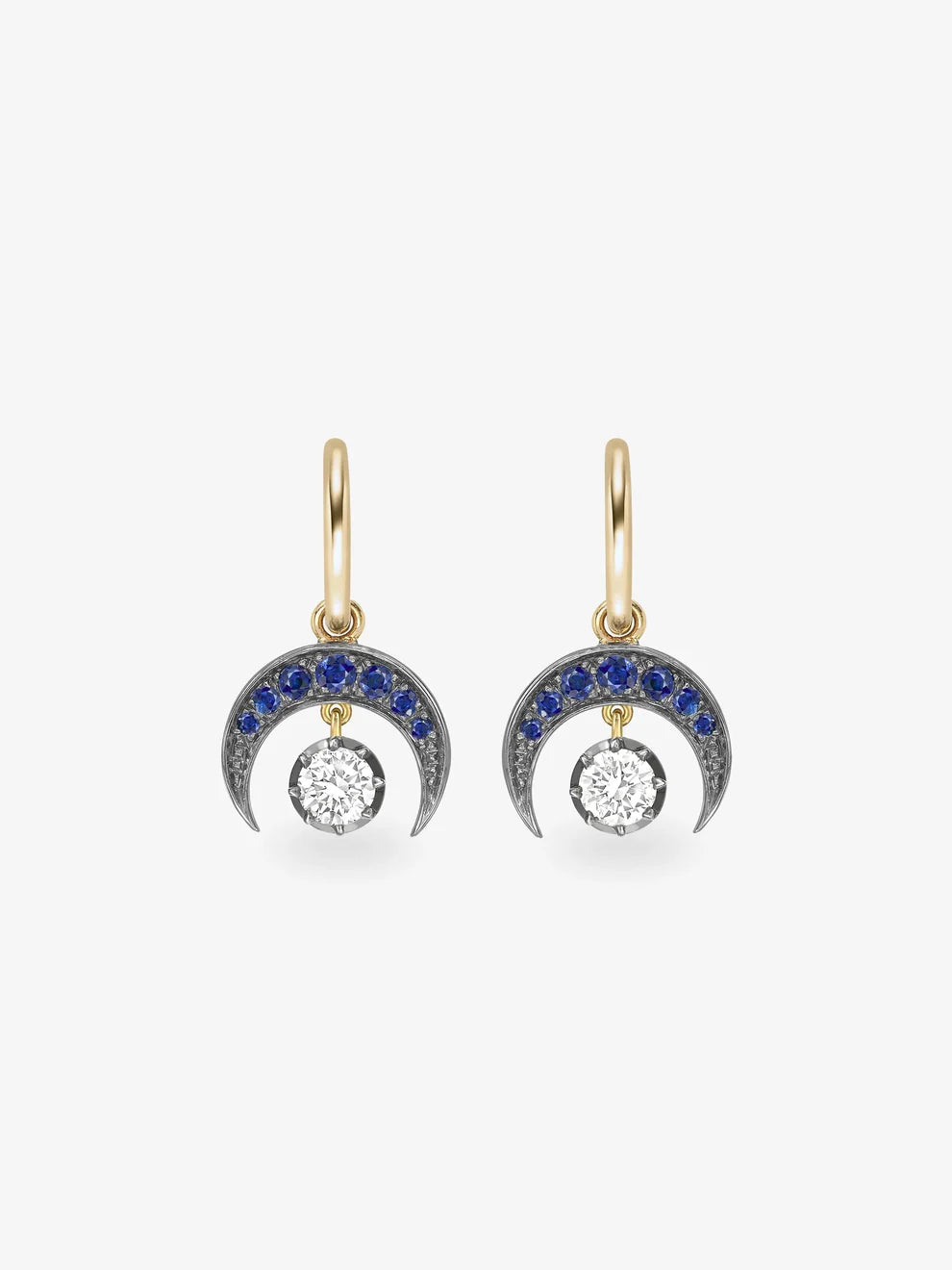 Crescent Moon Sapphire and Diamond Drop Earrings, Two-Tone Celestial Huggie Earrings