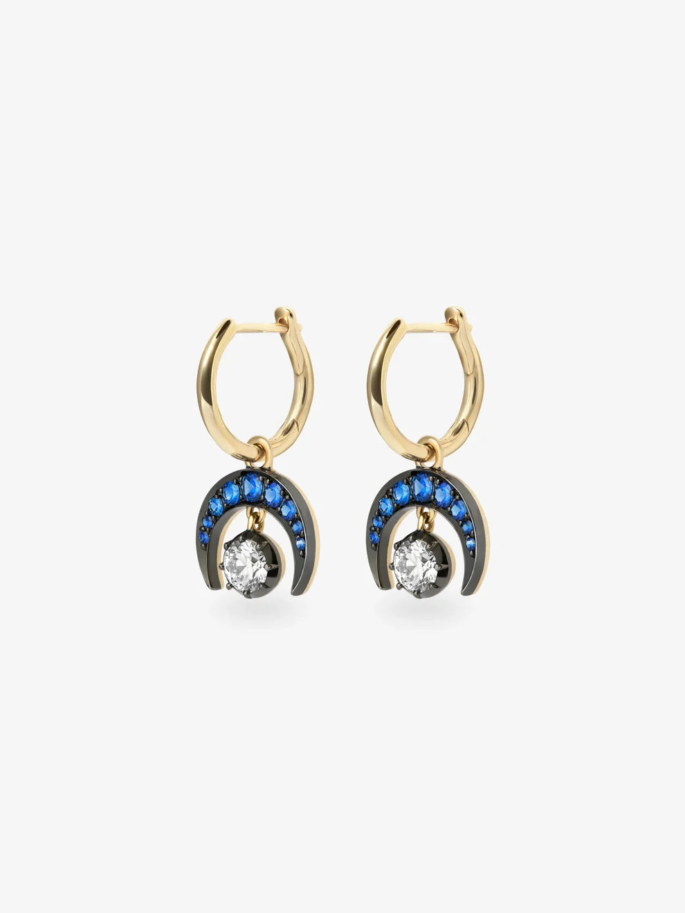 Crescent Moon Sapphire and Diamond Drop Earrings, Two-Tone Celestial Huggie Earrings