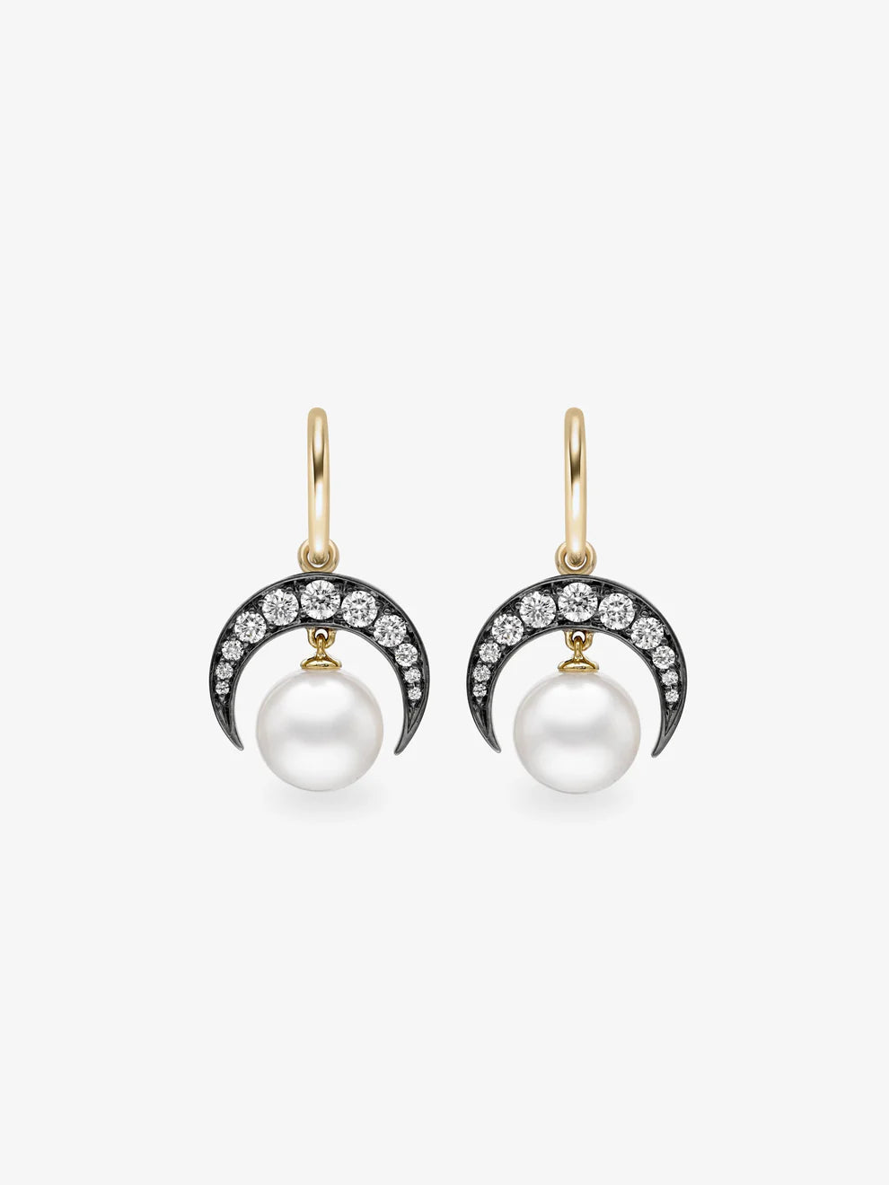 Crescent Moon Pearl Drop Earrings, Diamond Celestial Huggie Hoop Earrings
