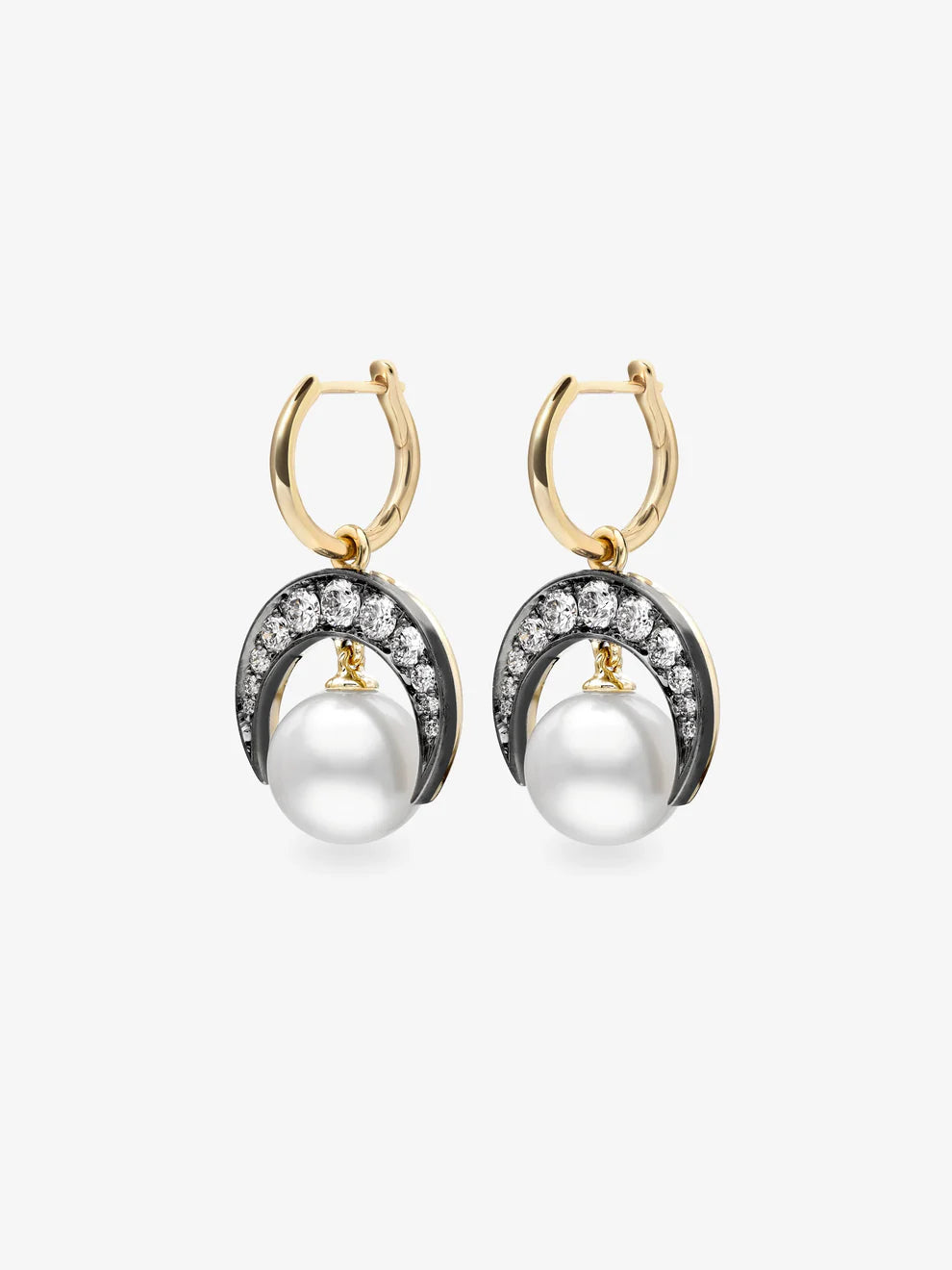 Crescent Moon Pearl Drop Earrings, Diamond Celestial Huggie Hoop Earrings