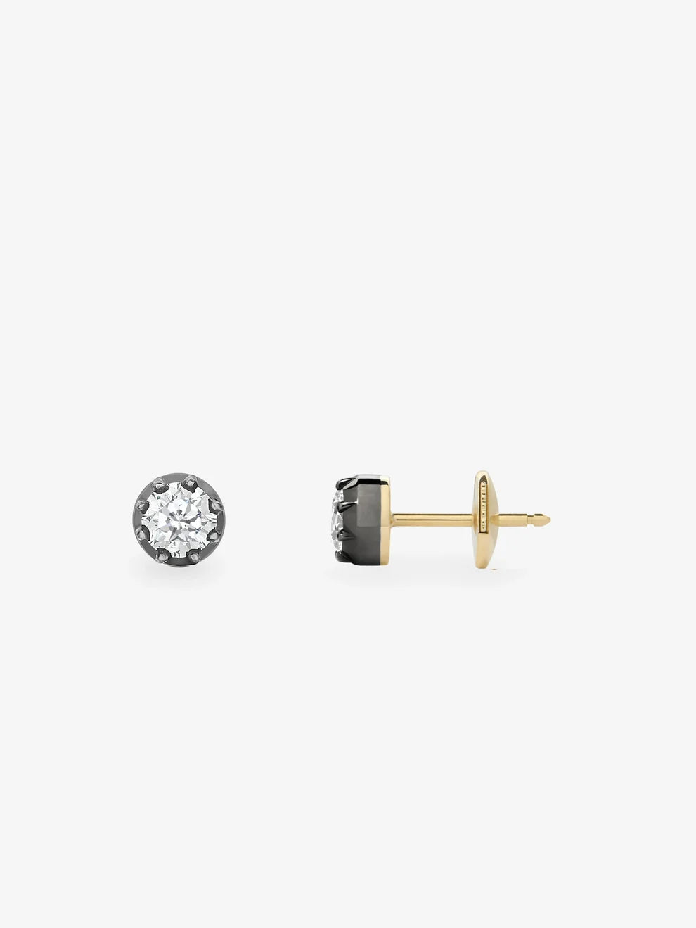 Round Cut Diamond Black Rhodium Bezel Stud Earrings, Two-Tone Gold Solitaire Studs