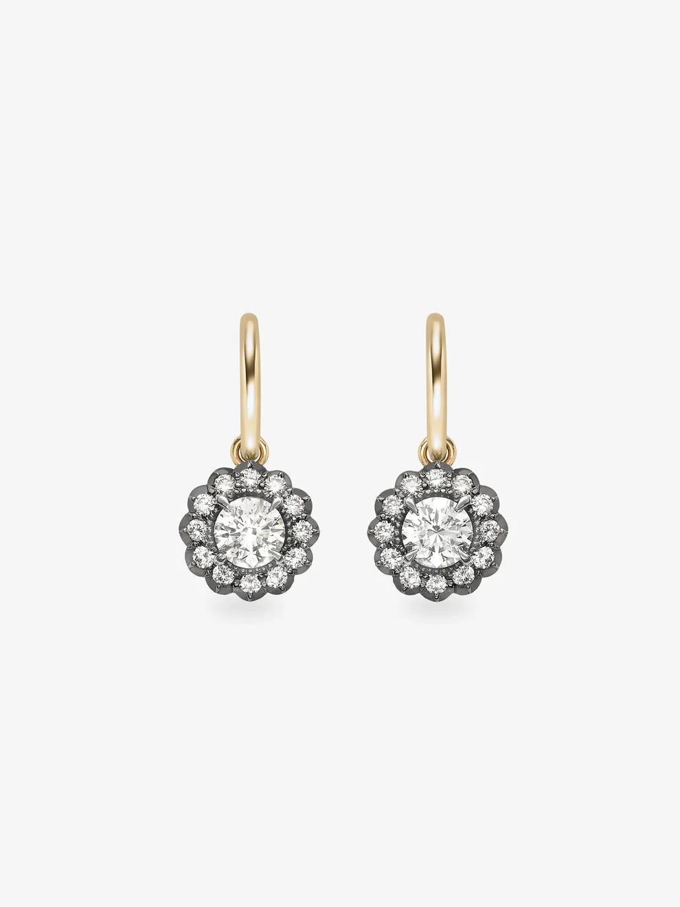 Round Lab Grown Diamond Floral Halo Black Enamel Charm Hoop Earrings