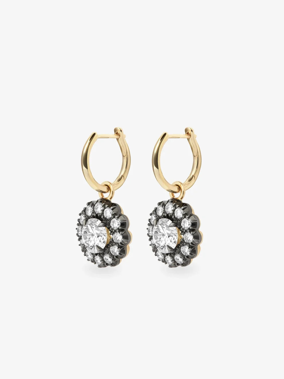 Round Lab Grown Diamond Floral Halo Black Enamel Charm Hoop Earrings