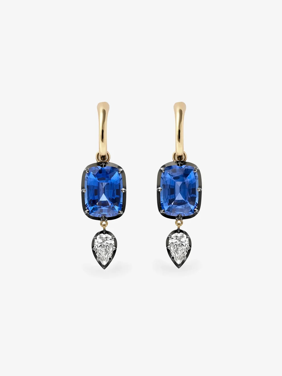 Cushion Cut Blue Sapphire and Pear Diamond Drop Hoop Earrings