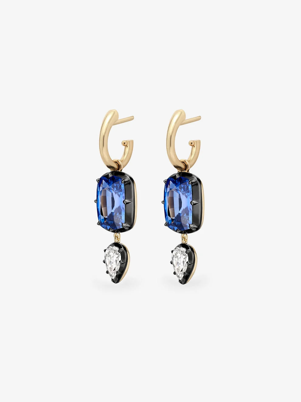 Cushion Cut Blue Sapphire and Pear Diamond Drop Hoop Earrings