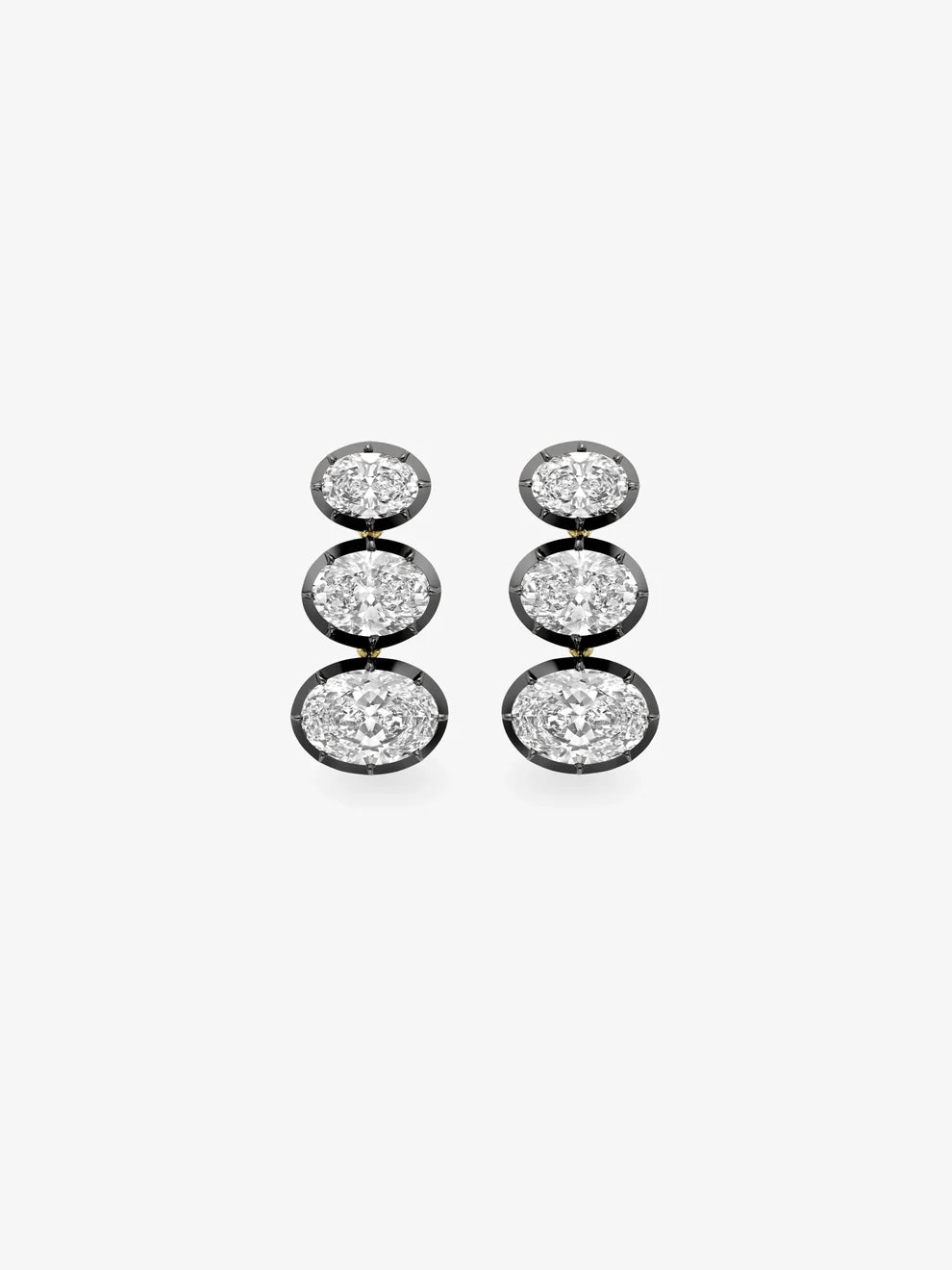 Oval Cut Three-Stone Graduated Diamond Drop Earrings, Black Enamel Yellow Gold Earrings