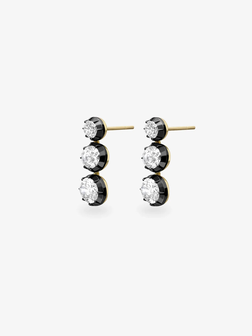 Oval Cut Three-Stone Graduated Diamond Drop Earrings, Black Enamel Yellow Gold Earrings