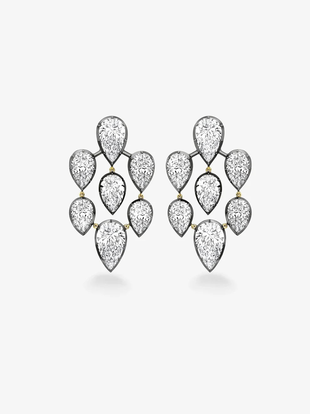 Pear Cut Diamond Chandelier Statement Drop Earrings, Two-Tone Blackened Rhodium Botanical Chandelier Earrings