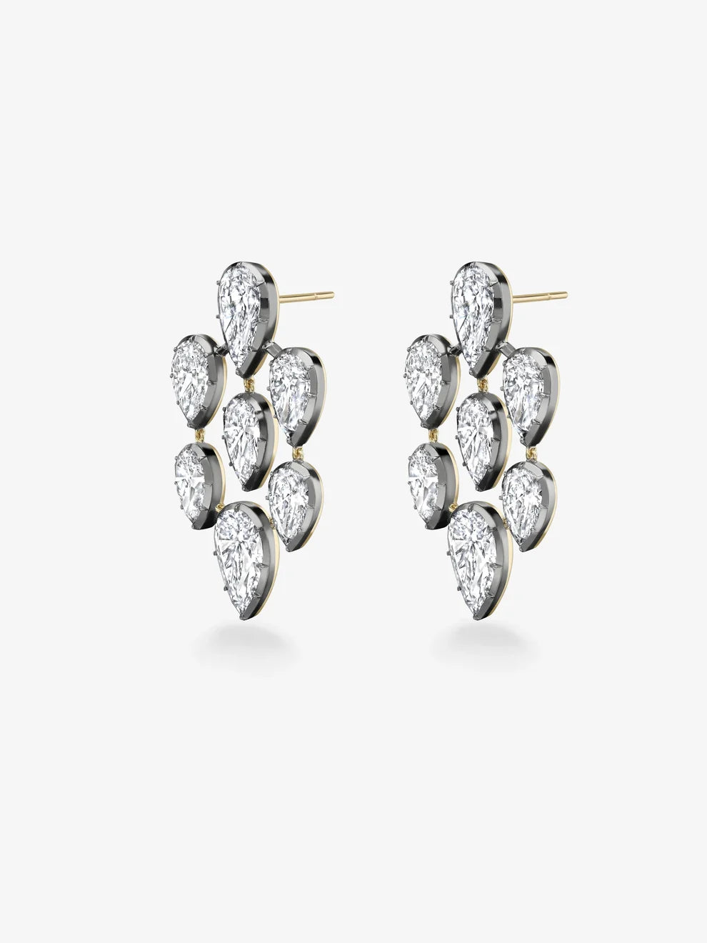 Pear Cut Diamond Chandelier Statement Drop Earrings, Two-Tone Blackened Rhodium Botanical Chandelier Earrings