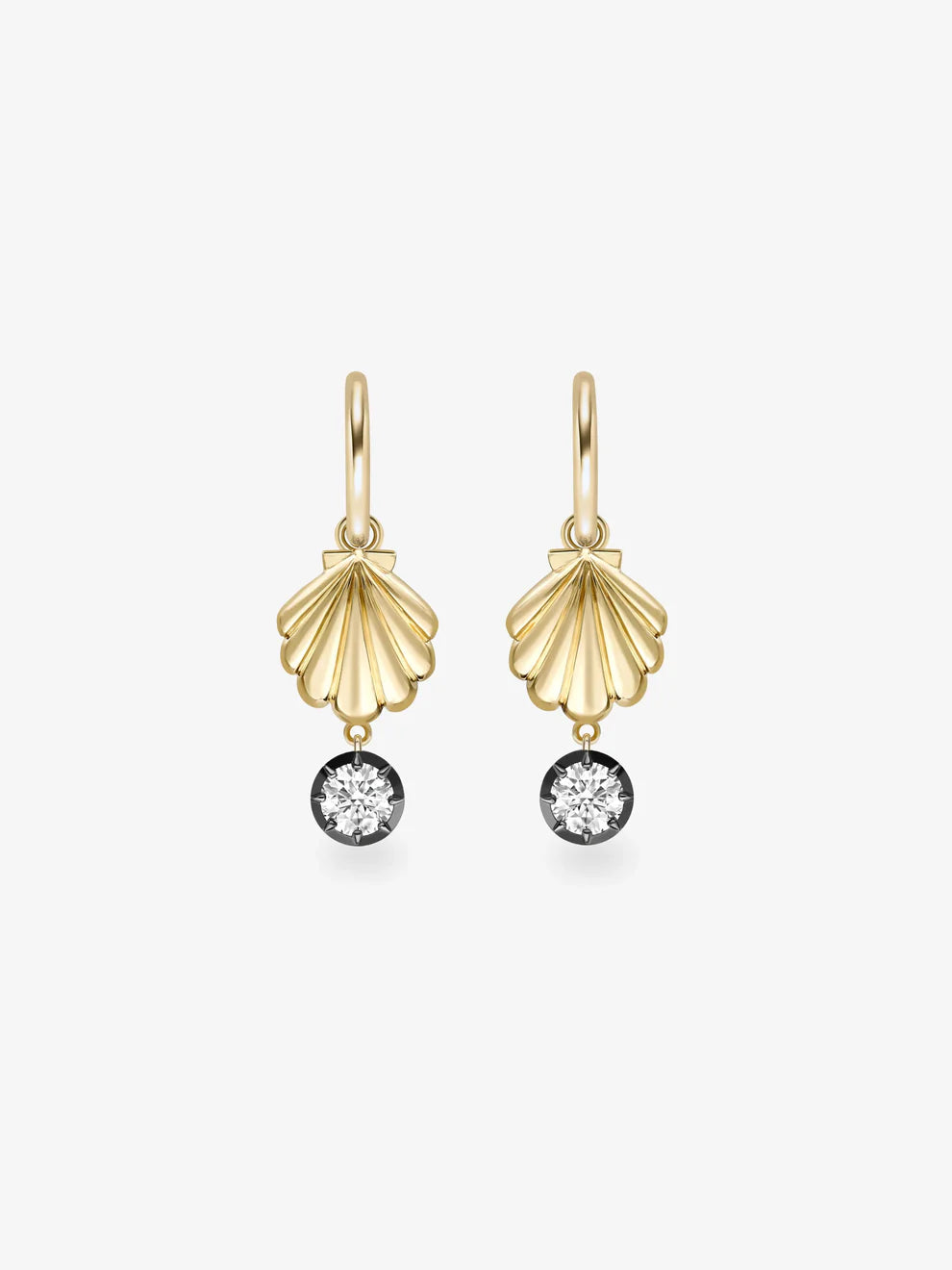 Round Cut Lab Grown Diamond Seashell Huggie Drop Earrings, Gold Shell Charm Earrings