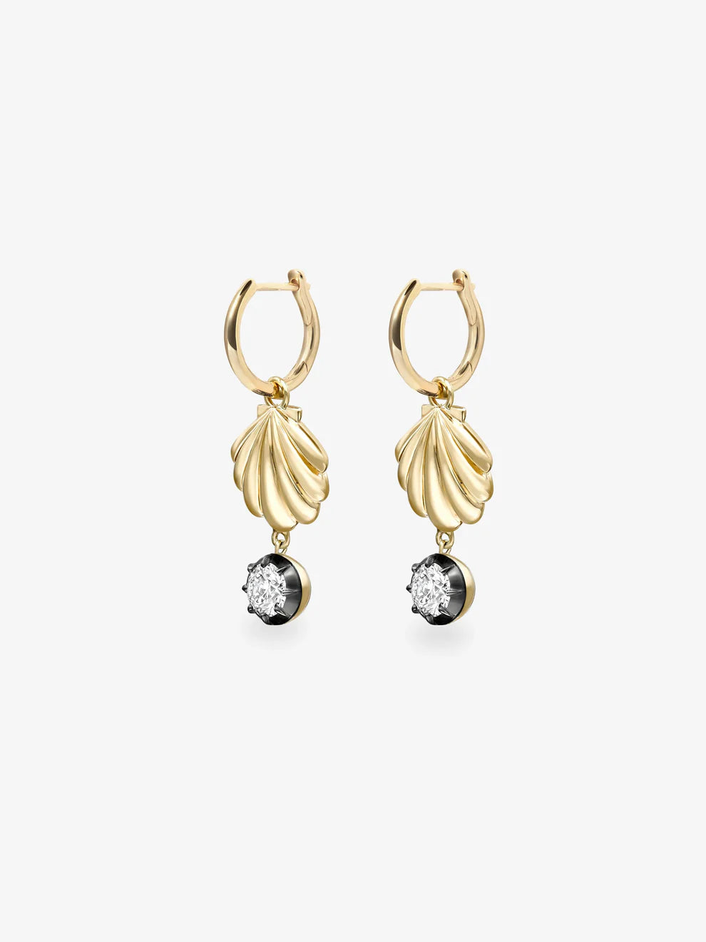 Round Cut Lab Grown Diamond Seashell Huggie Drop Earrings, Gold Shell Charm Earrings