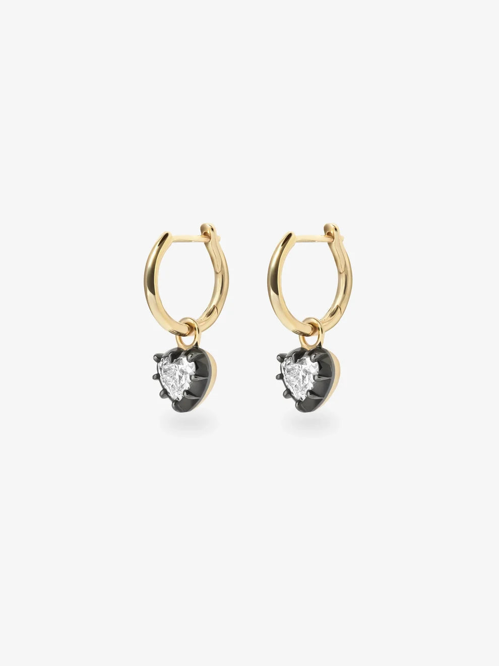 Heart Cut Lab Grown Diamond Hoop Earrings, Black Enamel Heart Charm Earrings