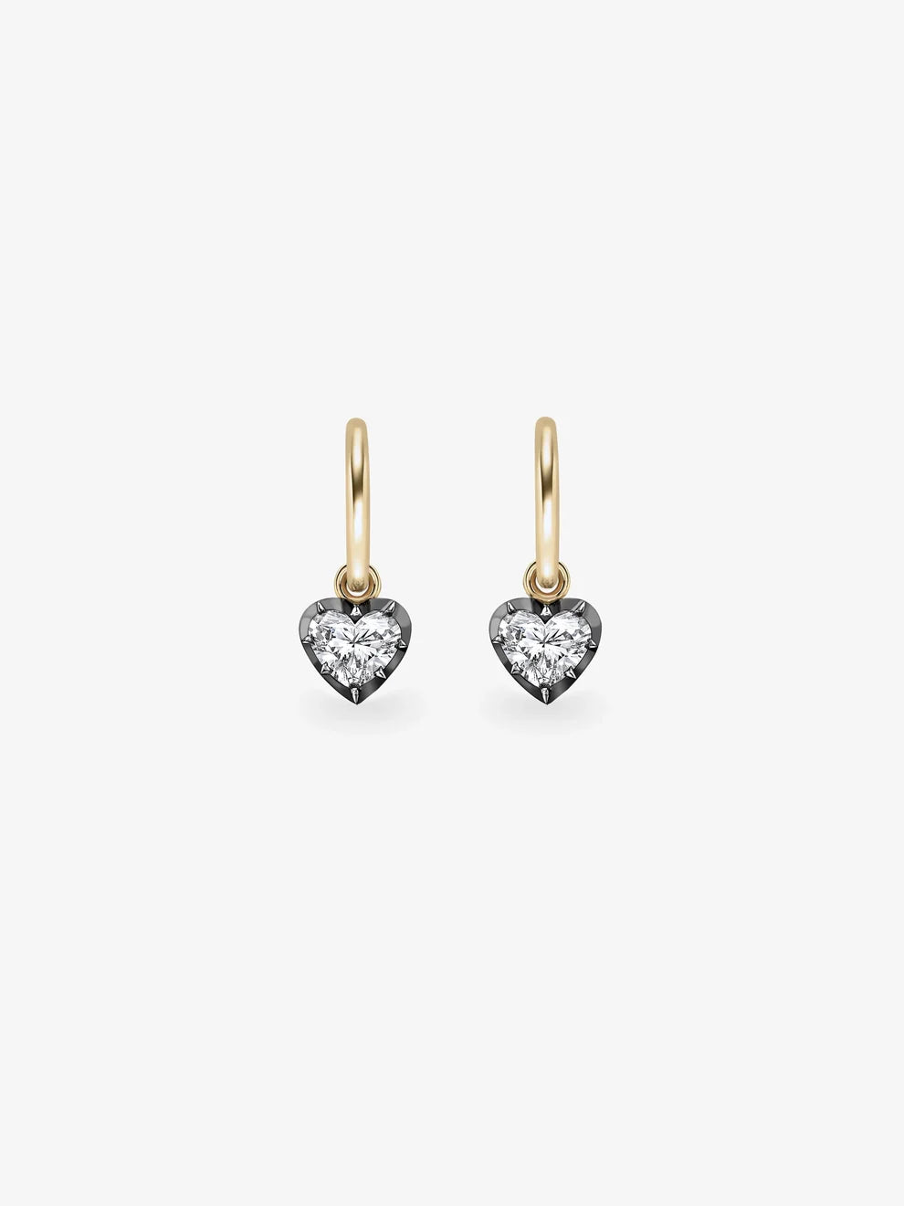 Heart Cut Diamond Enamel Charm Hoop Earrings, Yellow Gold Black Enamel Huggie Earrings