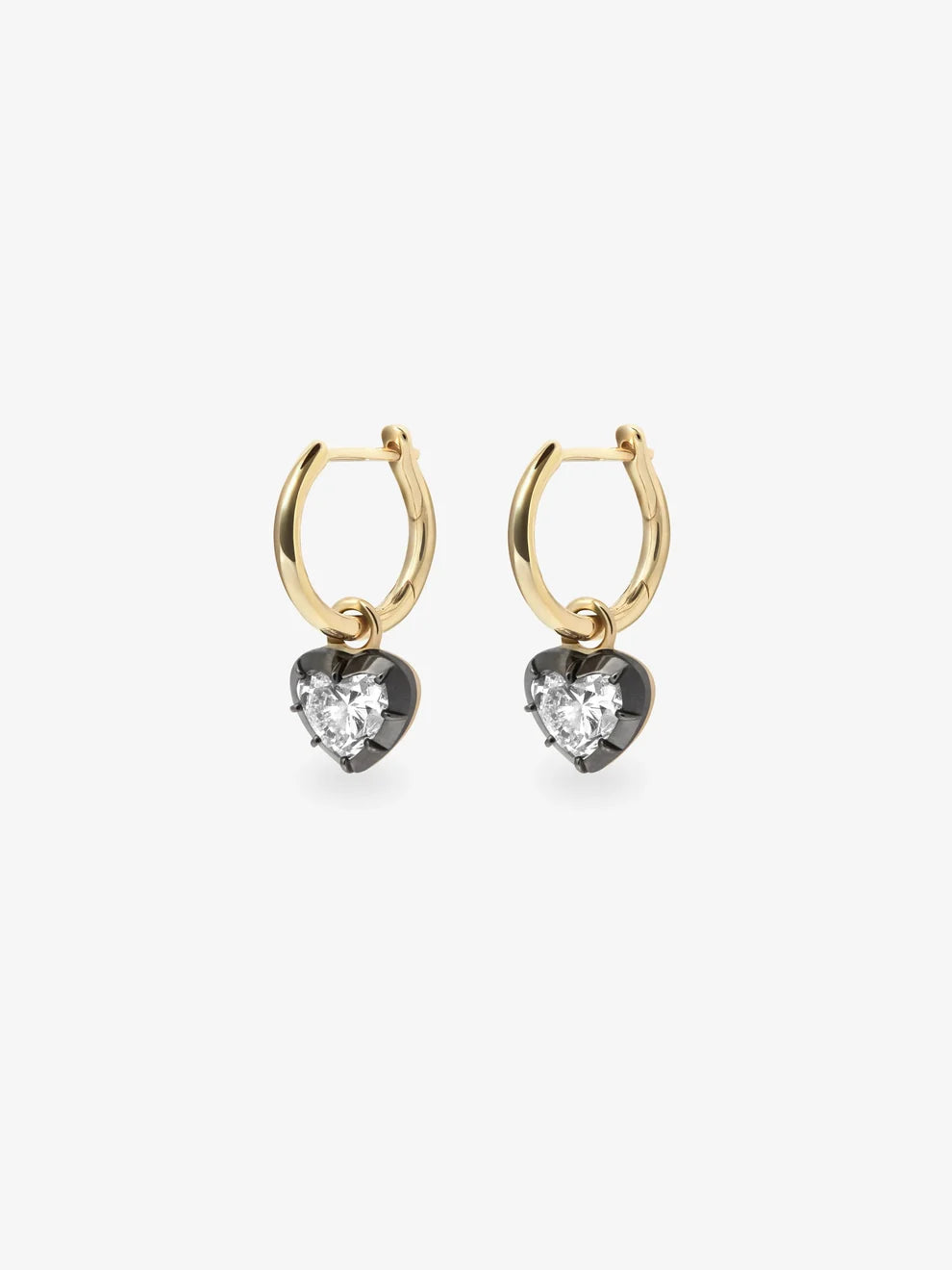 Heart Cut Diamond Enamel Charm Hoop Earrings, Yellow Gold Black Enamel Huggie Earrings