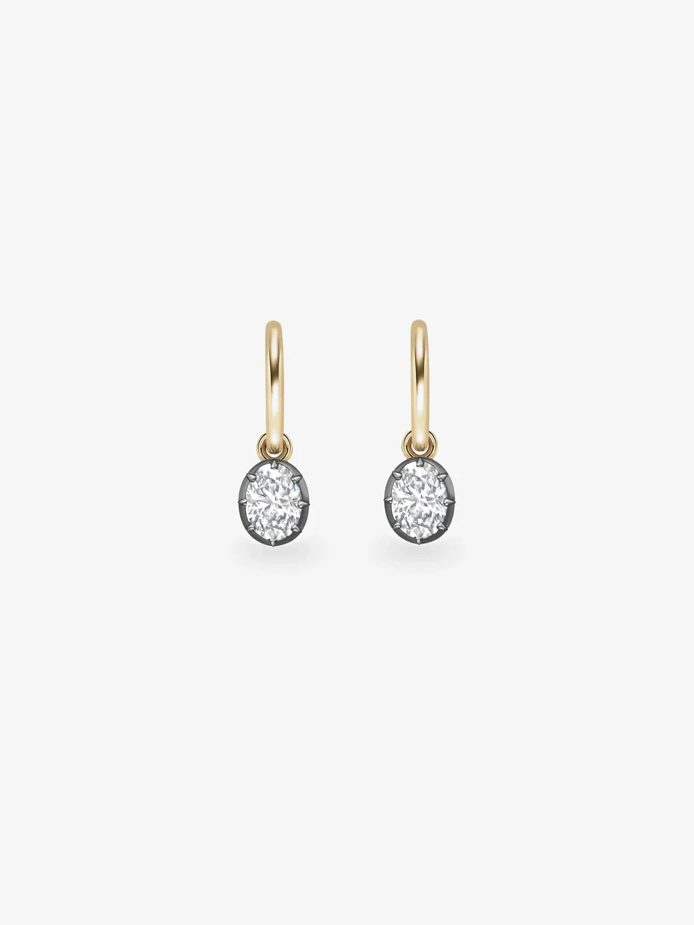 Oval Cut Diamond Drop Huggie Earrings, Yellow Gold Blackened Bezel Dangle Earrings