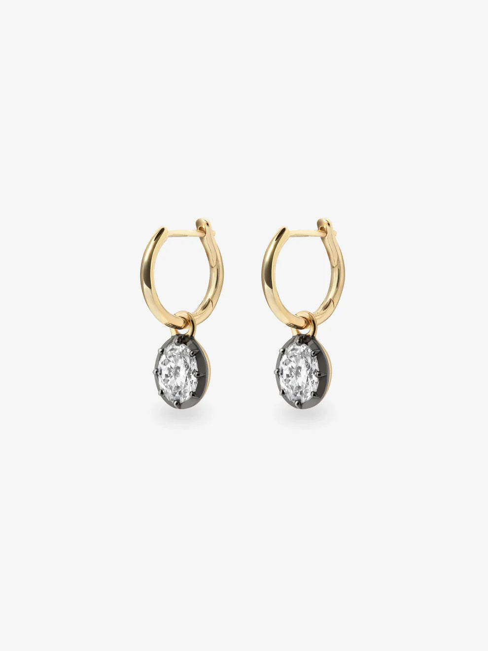 Oval Cut Diamond Drop Huggie Earrings, Yellow Gold Blackened Bezel Dangle Earrings