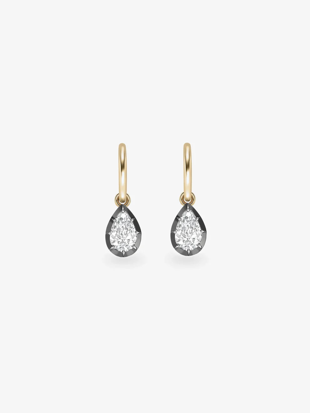 Pear Cut Diamond Drop Huggie Earrings, Yellow Gold Blackened Bezel Dangle Earrings