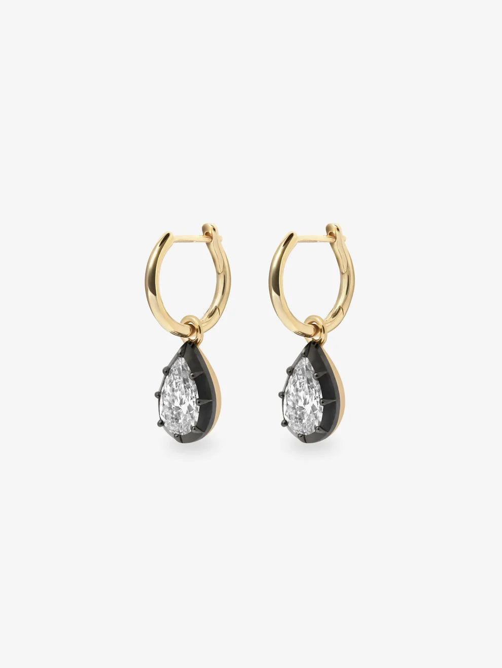 Pear Cut Diamond Drop Huggie Earrings, Yellow Gold Blackened Bezel Dangle Earrings