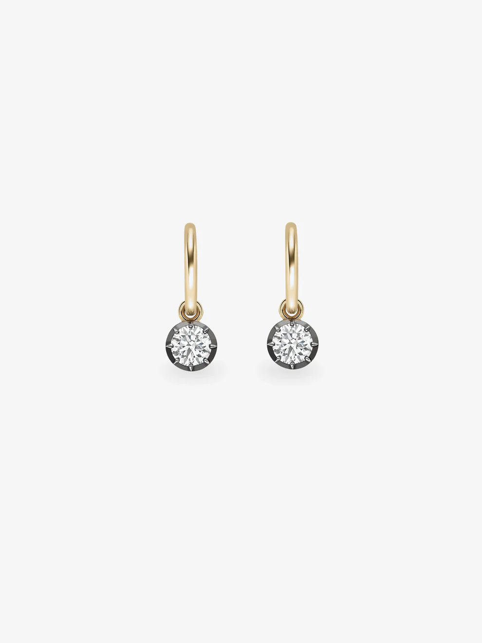 Round Cut Diamond Dangle Huggie Hoop Earrings, Two-Tone Blackened Gold Solitaire Drop Earrings