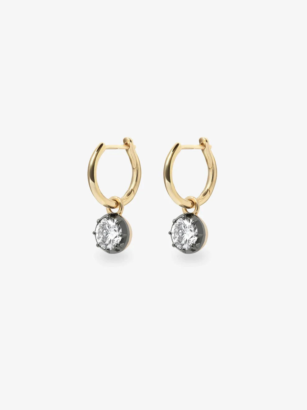 Round Cut Diamond Dangle Huggie Hoop Earrings, Two-Tone Blackened Gold Solitaire Drop Earrings