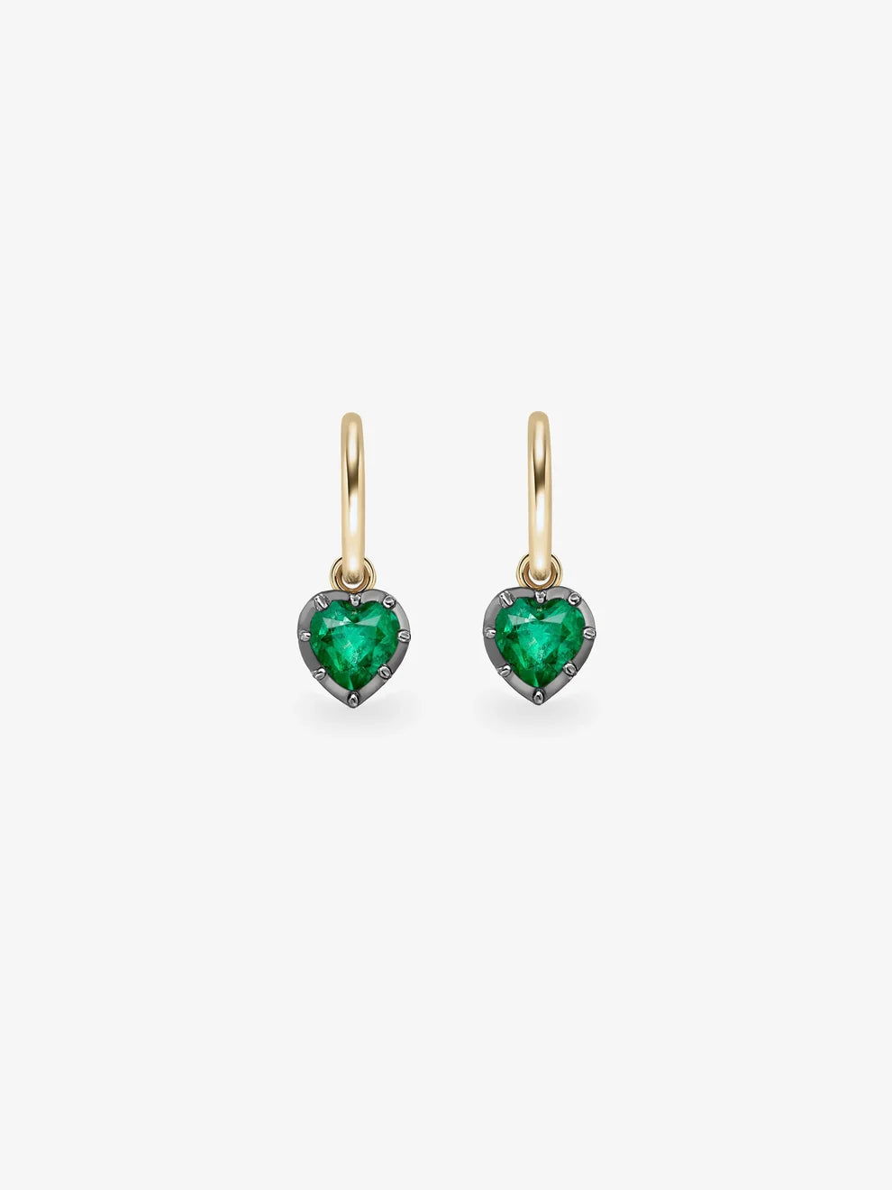 Heart Cut Emerald Dangle Huggie Earrings, Two-Tone Blackened & Yellow Gold Hoop Earrings