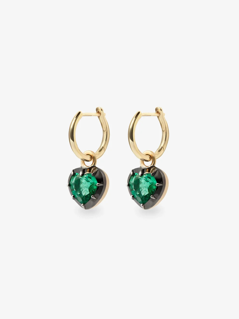 Heart Cut Emerald Dangle Huggie Earrings, Two-Tone Blackened & Yellow Gold Hoop Earrings