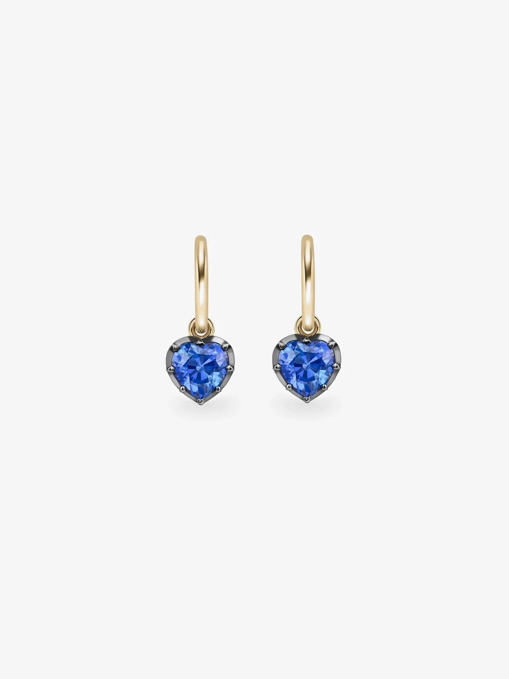 Heart Blue Sapphire Charm Huggie Hoop Earrings, Yellow Gold Vintage Style Drop Earring