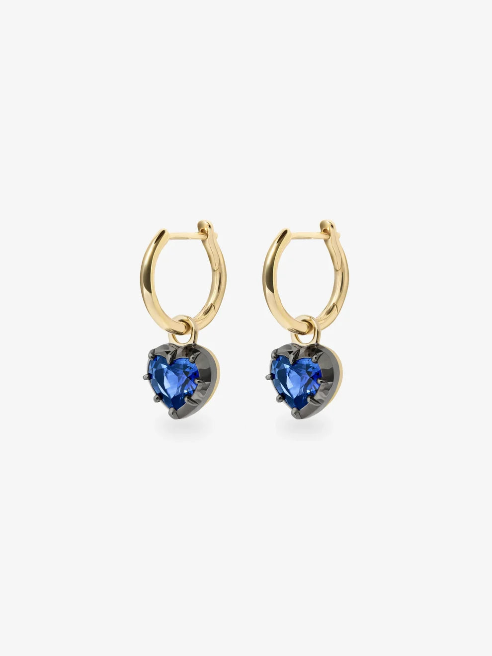 Heart Blue Sapphire Charm Huggie Hoop Earrings, Yellow Gold Vintage Style Drop Earring