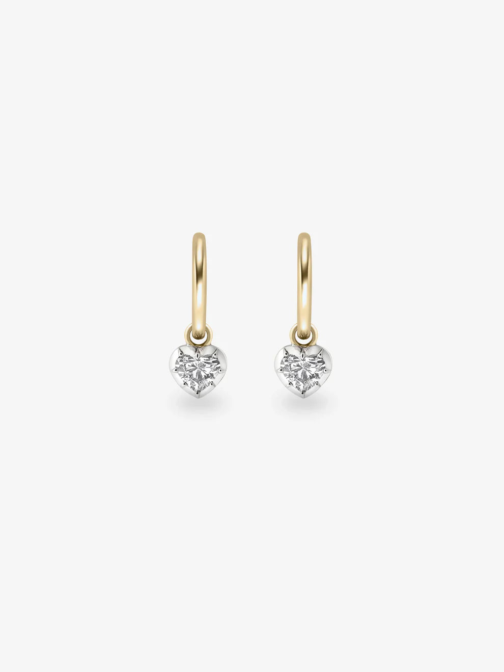 Heart Cut Diamond Dangle Huggie Earrings, Two-Tone Gold Romantic Hoop Earrings