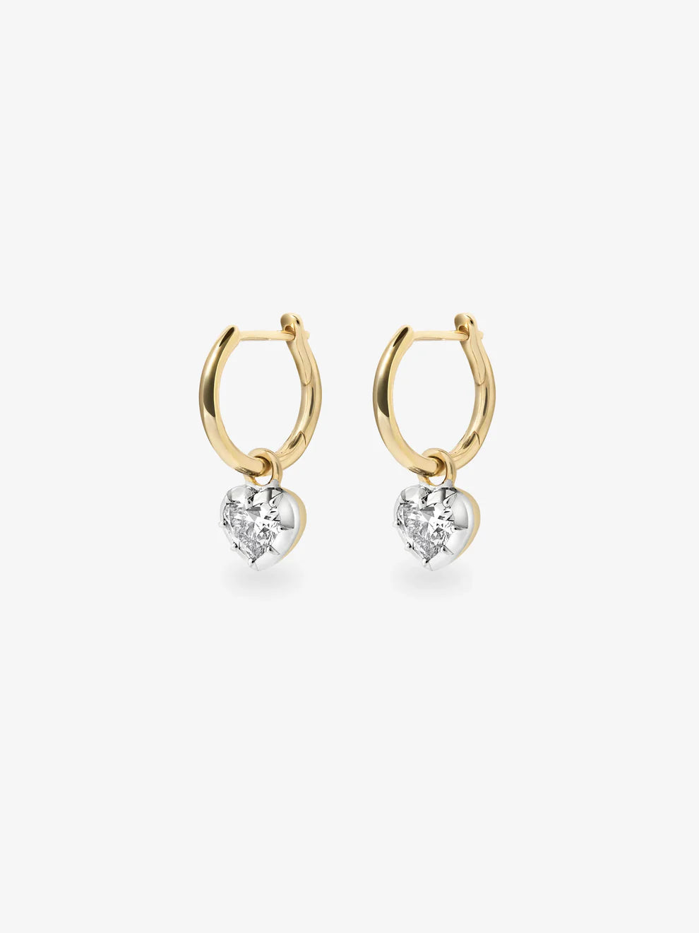 Heart Cut Diamond Dangle Huggie Earrings, Two-Tone Gold Romantic Hoop Earrings